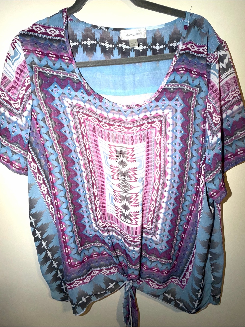 dressbarn Blue and Purple Aztec-Print Tie-Front Tunic